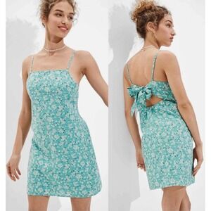 American Eagle Ditsy Floral Mini Dress Tie Back Small Blue White Cotton Linen‎